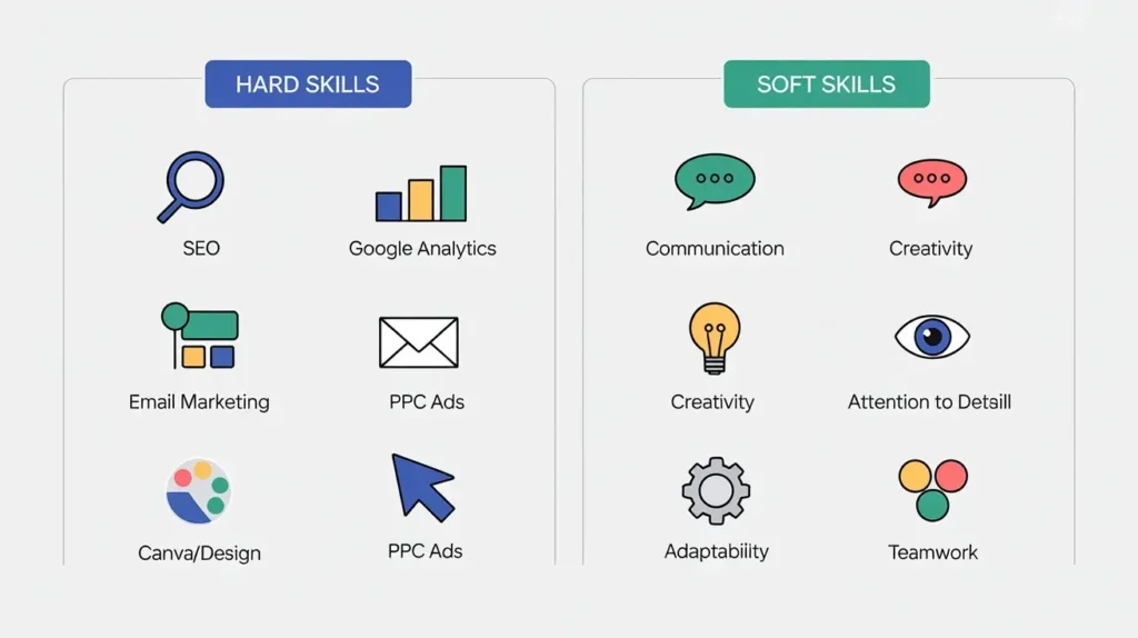 Digital marketing skills hard vs soft skills comparison graphic for student CV