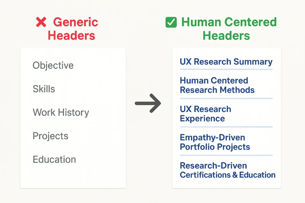 Before and after comparison of generic versus human centered design headers for a UI UX researcher resume