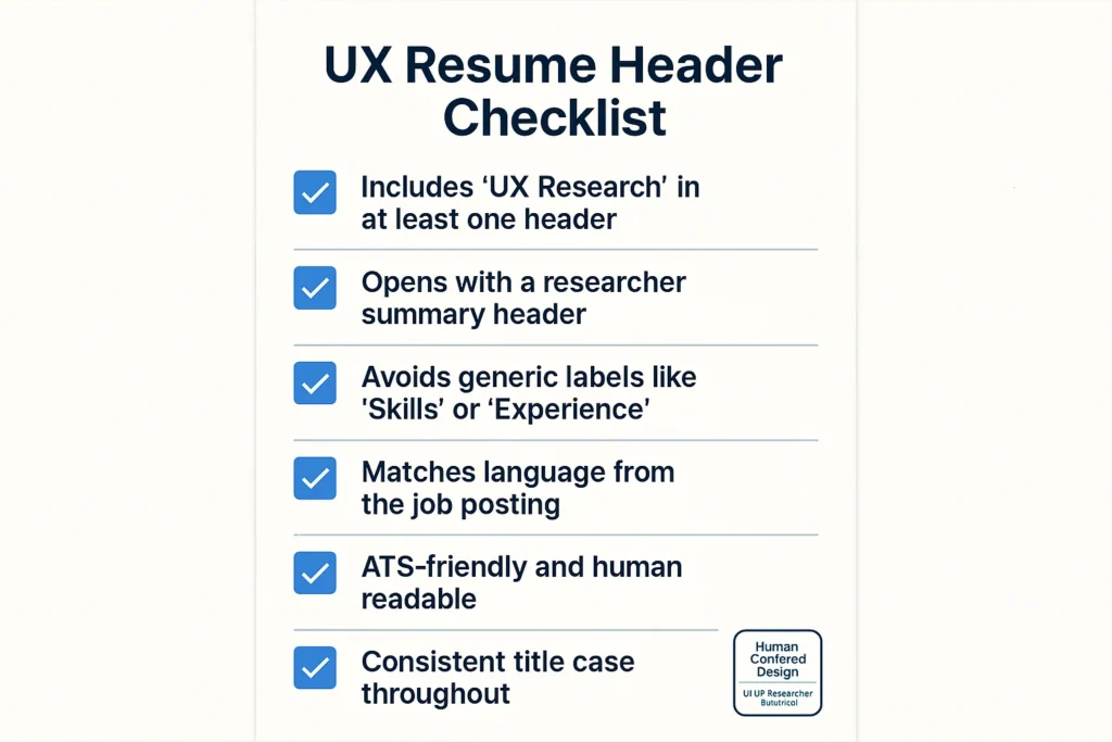 UX researcher resume header checklist showing 6 human centered design criteria for a UI UX resume